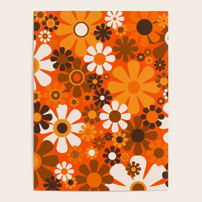 Retro Garden Flowers Groovy 1970s Floral Pattern in 70s Orange and Brown Poster Gallery Image 1