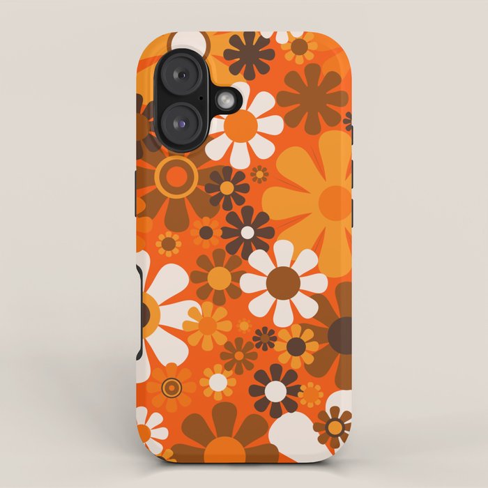 Retro Garden Flowers Groovy 1970s Floral Pattern in 70s Orange and Brown iPhone Case Gallery Image 1