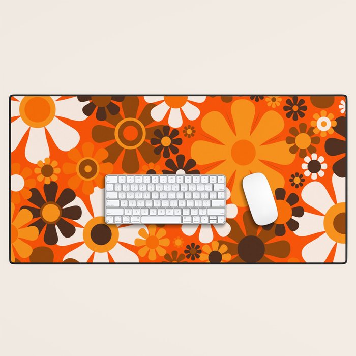 Retro Garden Flowers Groovy 1970s Floral Pattern in 70s Orange and Brown Desk Mat Gallery Image 1