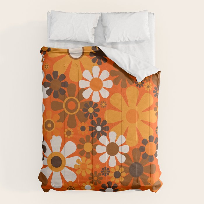 Retro Garden Flowers Groovy 1970s Floral Pattern in 70s Orange and Brown Comforter Gallery Image 6