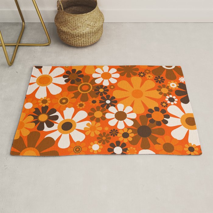Retro Garden Flowers Groovy 1970s Floral Pattern in 70s Orange and Brown Rug Gallery Image 1