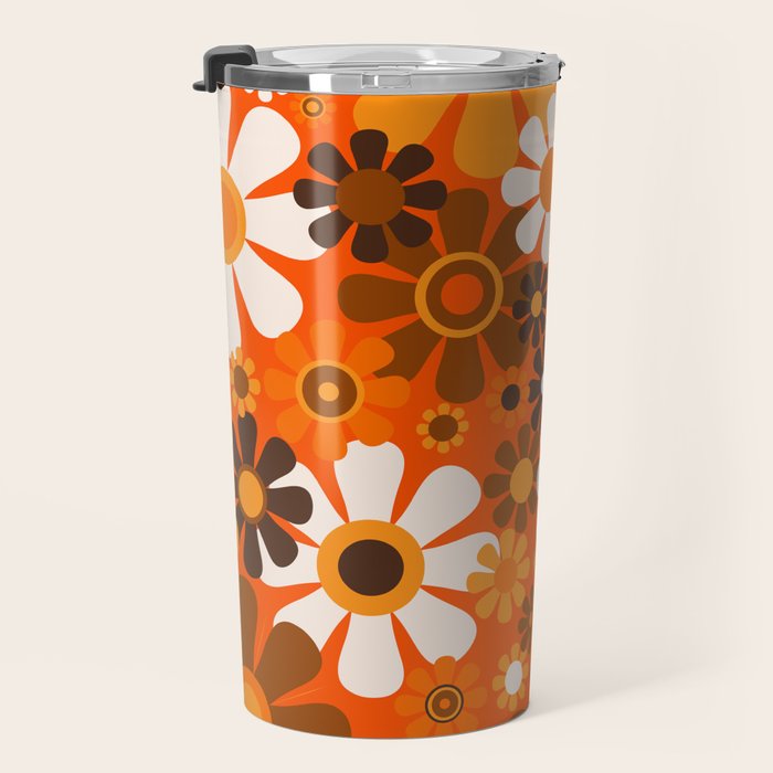 Retro Garden Flowers Groovy 1970s Floral Pattern in 70s Orange and Brown Travel Mug Gallery Image 3