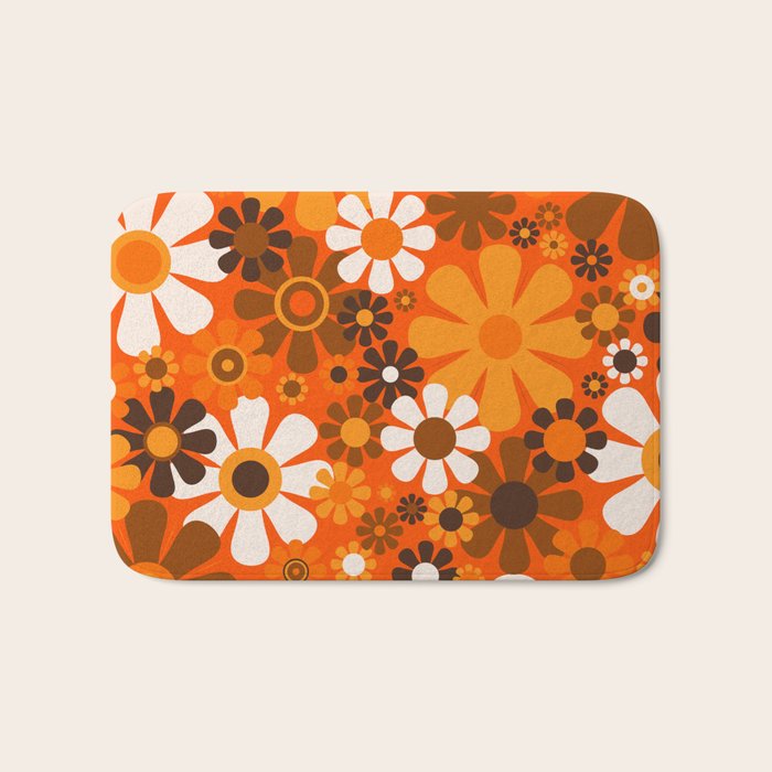 Retro Garden Flowers Groovy 1970s Floral Pattern in 70s Orange and Brown Bath Mat Gallery Image 1
