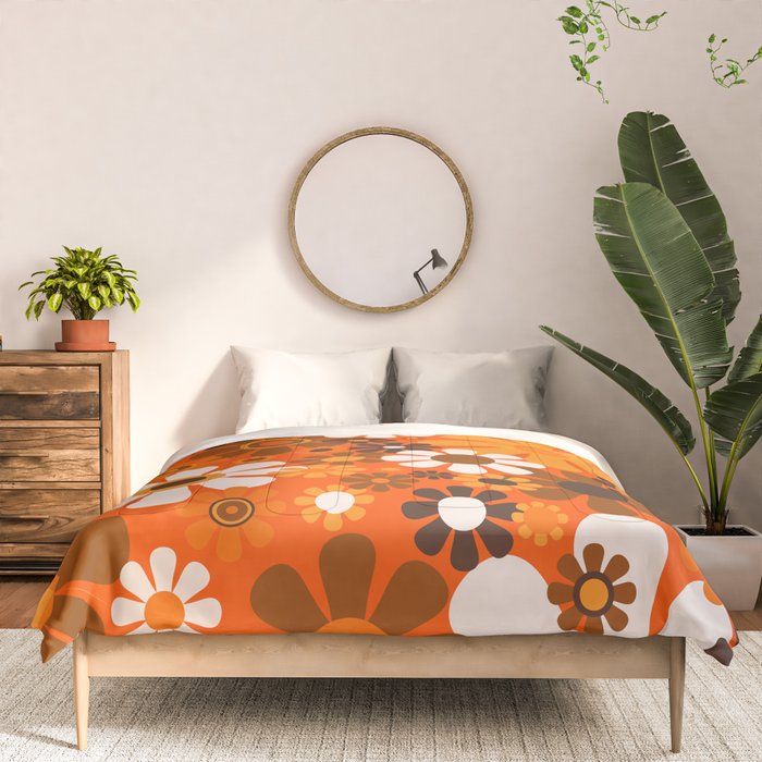 Retro Garden Flowers Groovy 1970s Floral Pattern in 70s Orange and Brown Comforter Gallery Image 3
