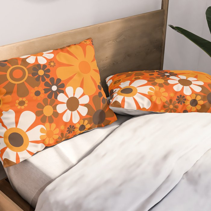 Retro Garden Flowers Groovy 1970s Floral Pattern in 70s Orange and Brown Pillow Sham Gallery Image 2