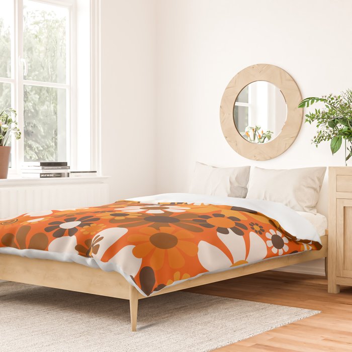 Retro Garden Flowers Groovy 1970s Floral Pattern in 70s Orange and Brown Duvet Cover Gallery Image 2