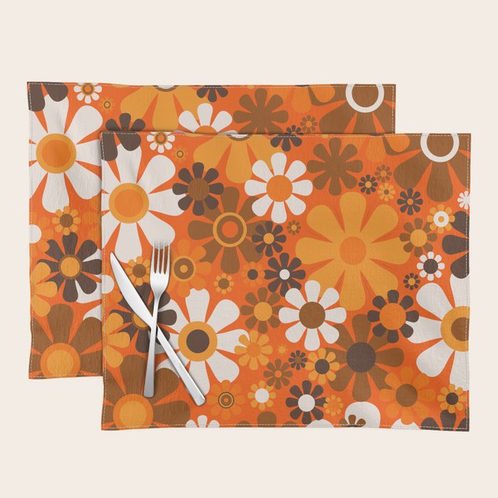 Retro Garden Flowers Groovy 1970s Floral Pattern in 70s Orange and Brown Placemat Gallery Image 1
