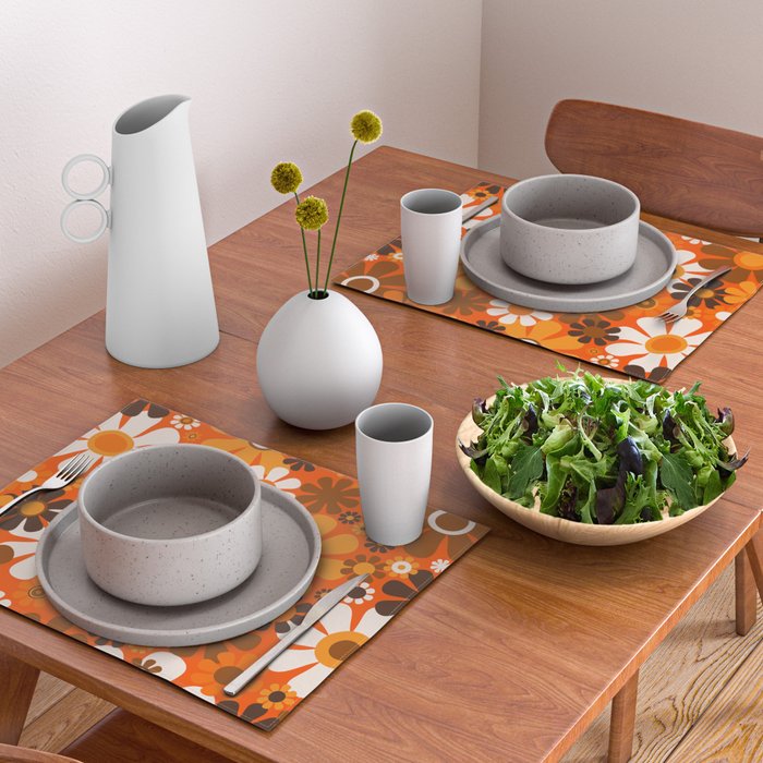 Retro Garden Flowers Groovy 1970s Floral Pattern in 70s Orange and Brown Placemat Gallery Image 2