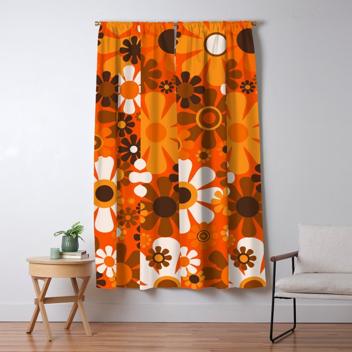 Retro Garden Flowers Groovy 1970s Floral Pattern in 70s Orange and Brown Window Curtain Gallery Image 5