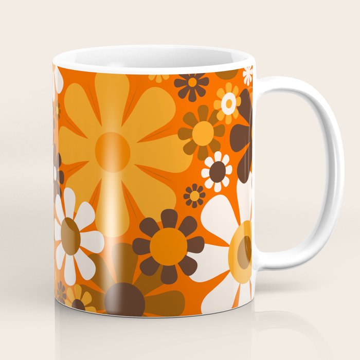 Retro Garden Flowers Groovy 1970s Floral Pattern in 70s Orange and Brown Coffee Mug Gallery Image 1