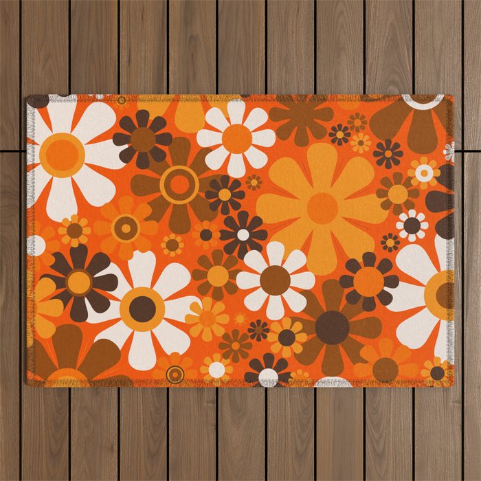 Retro Garden Flowers Groovy 1970s Floral Pattern in 70s Orange and Brown Outdoor Rug Gallery Image 1