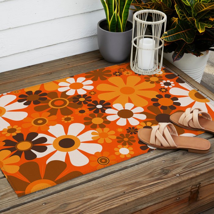 Retro Garden Flowers Groovy 1970s Floral Pattern in 70s Orange and Brown Outdoor Rug Gallery Image 2