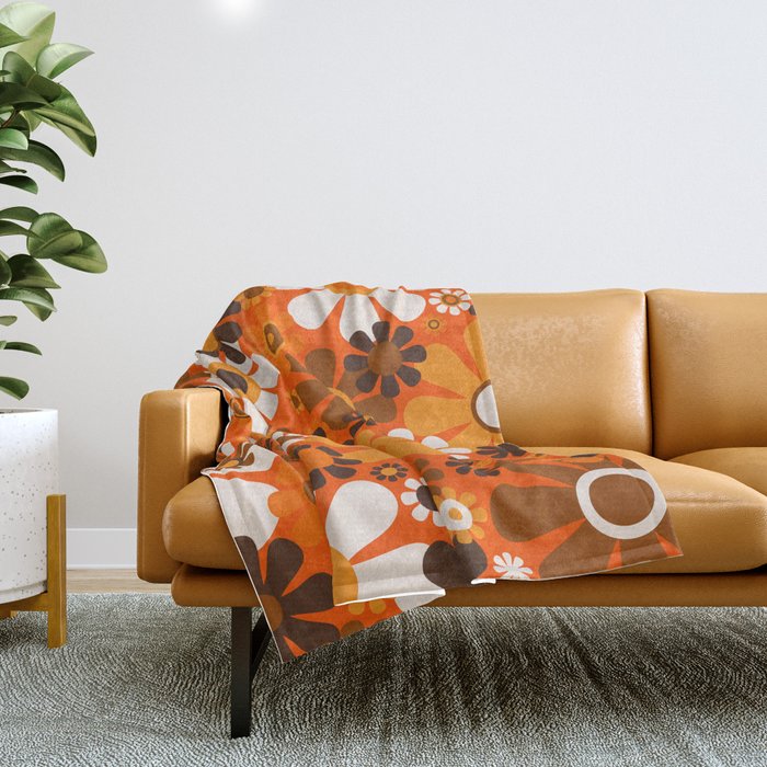 Retro Garden Flowers Groovy 1970s Floral Pattern in 70s Orange and Brown Throw Blanket Gallery Image 1