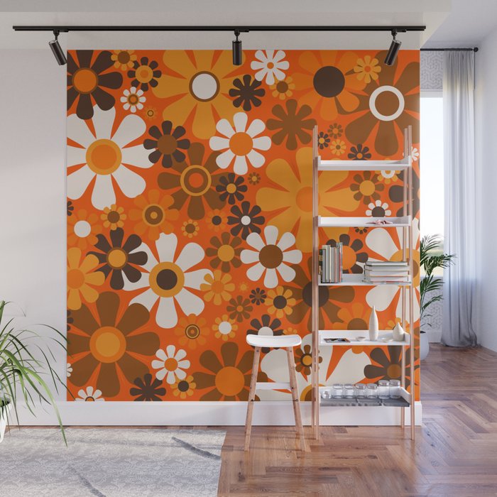 Retro Garden Flowers Groovy 1970s Floral Pattern in 70s Orange and Brown Wall Mural Gallery Image 1