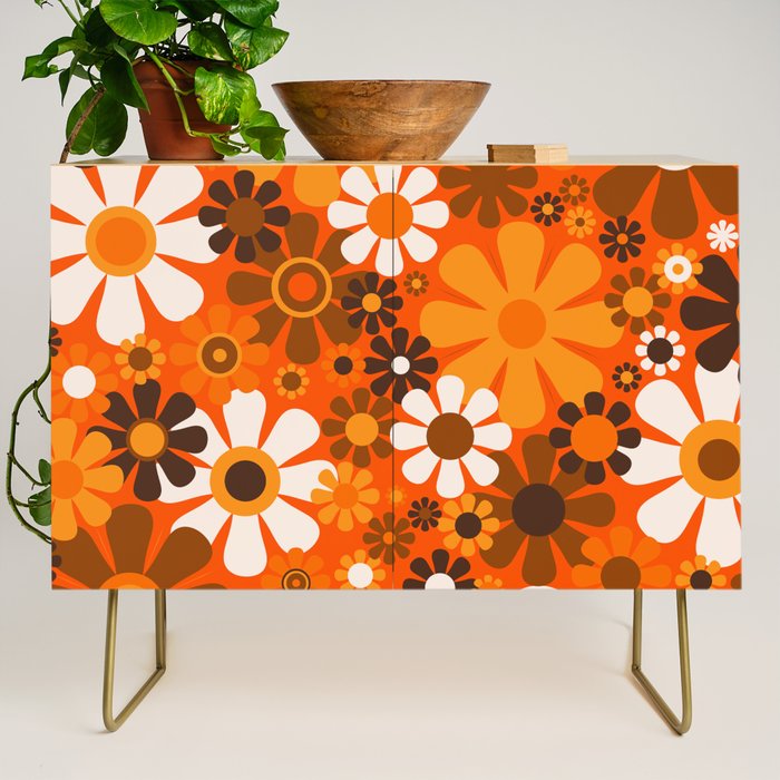 Retro Garden Flowers Groovy 1970s Floral Pattern in 70s Orange and Brown Credenza Gallery Image 1