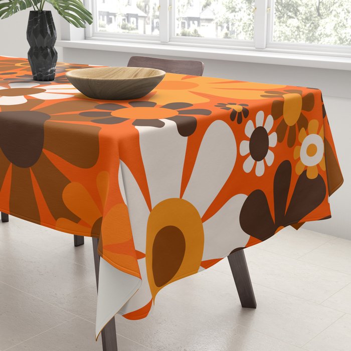 Retro Garden Flowers Groovy 1970s Floral Pattern in 70s Orange and Brown Tablecloth Gallery Image 3
