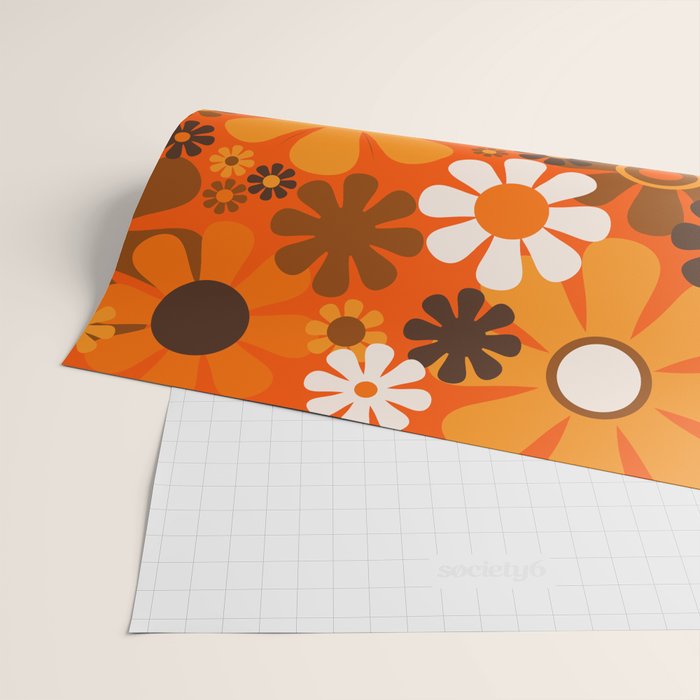 Retro Garden Flowers Groovy 1970s Floral Pattern in 70s Orange and Brown Wrapping Paper Gallery Image 2