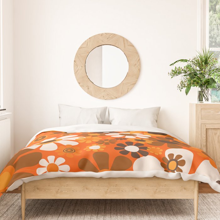 Retro Garden Flowers Groovy 1970s Floral Pattern in 70s Orange and Brown Duvet Cover Gallery Image 3