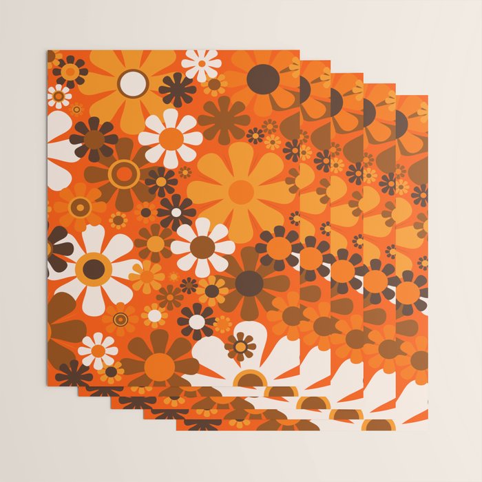 Retro Garden Flowers Groovy 1970s Floral Pattern in 70s Orange and Brown Wrapping Paper Gallery Image 3