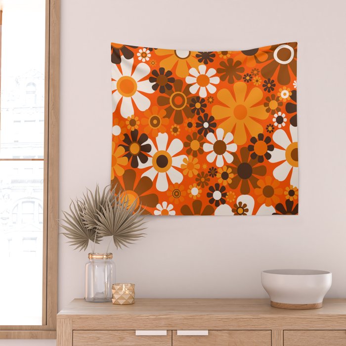 Retro Garden Flowers Groovy 1970s Floral Pattern in 70s Orange and Brown Wall Tapestry Gallery Image 2