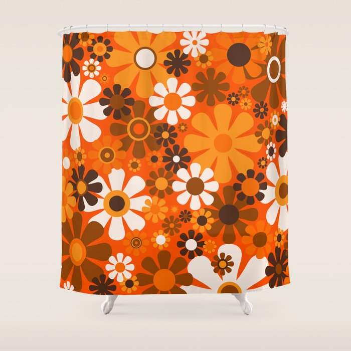 Retro Garden Flowers Groovy 1970s Floral Pattern in 70s Orange and Brown Shower Curtain Gallery Image 1
