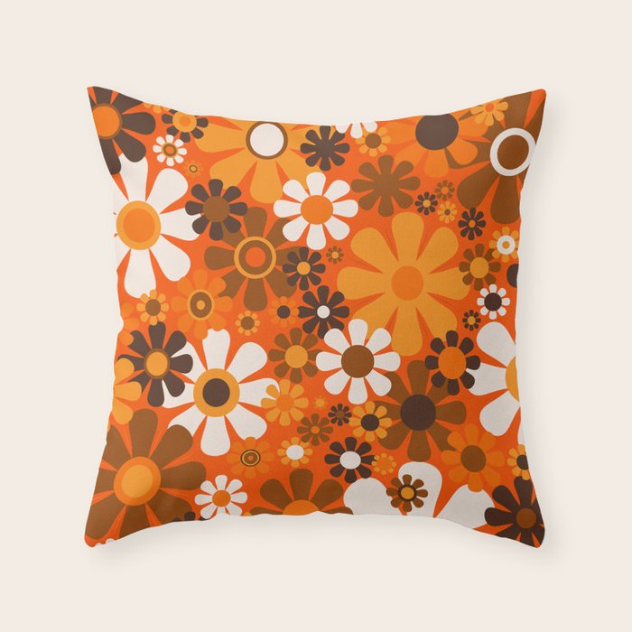 Retro Garden Flowers Groovy 1970s Floral Pattern in 70s Orange and Brown Throw Pillow Gallery Image 6