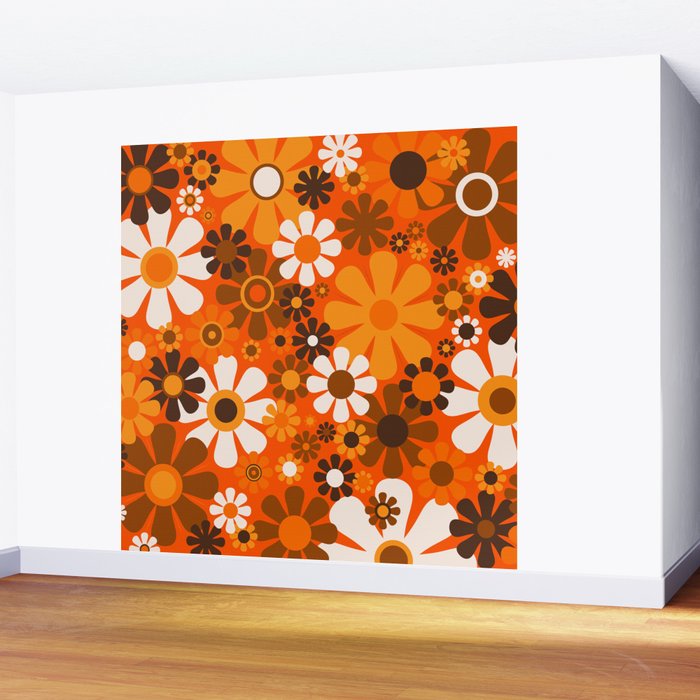 Retro Garden Flowers Groovy 1970s Floral Pattern in 70s Orange and Brown Wall Mural Gallery Image 2