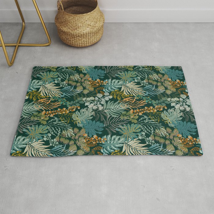 tropical night emerald leaves Rug Gallery Image 1