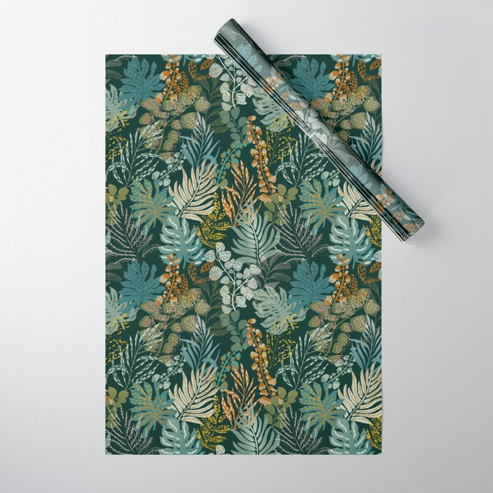 tropical night emerald leaves Wrapping Paper Gallery Image 1