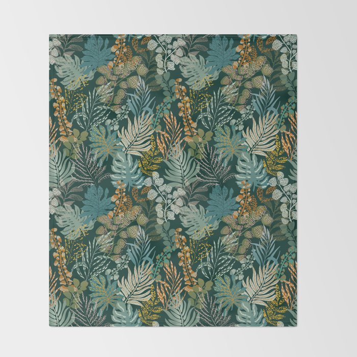 tropical night emerald leaves Throw Blanket Gallery Image 2