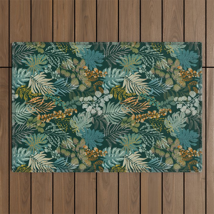 tropical night emerald leaves Outdoor Rug Gallery Image 1