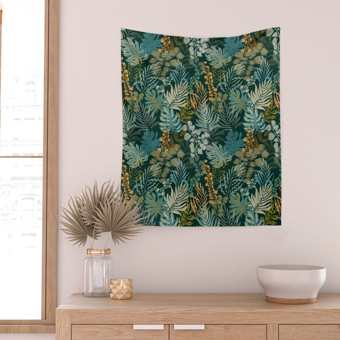 tropical night emerald leaves Wall Tapestry Gallery Image 2