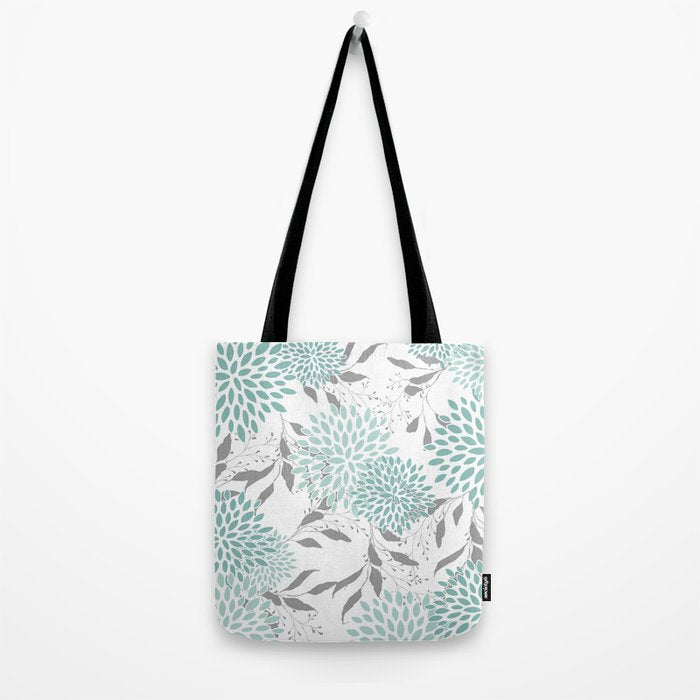 Festive, Floral Blooms and Leaves, Teal and Gray Tote Bag Gallery Image 2