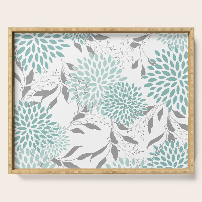 Festive, Floral Blooms and Leaves, Teal and Gray Serving Tray Gallery Image 1