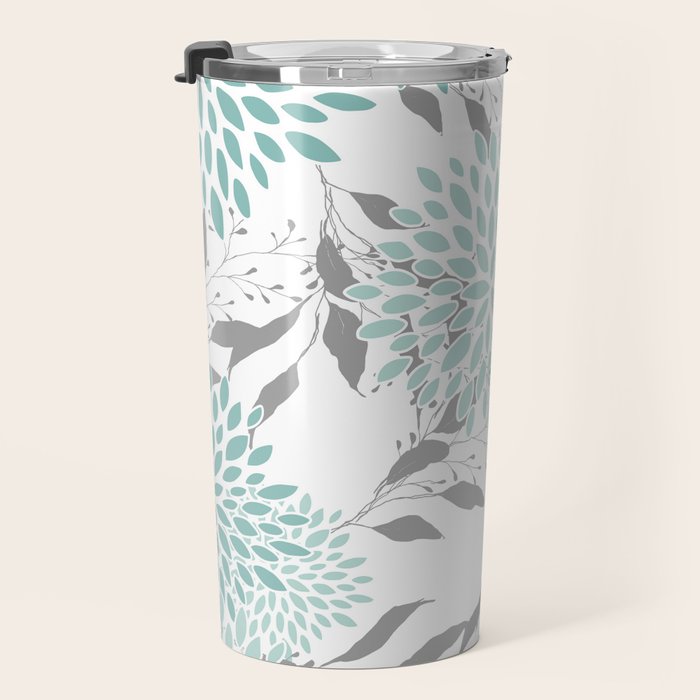 Festive, Floral Blooms and Leaves, Teal and Gray Travel Mug Gallery Image 3