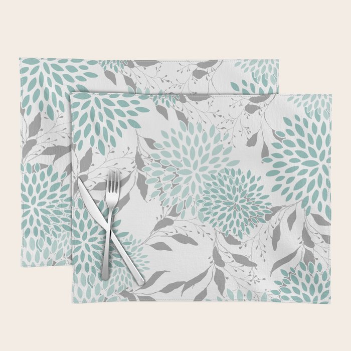 Festive, Floral Blooms and Leaves, Teal and Gray Placemat Gallery Image 1