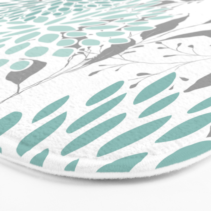 Festive, Floral Blooms and Leaves, Teal and Gray Bath Mat Gallery Image 3