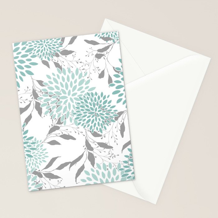 Festive, Floral Blooms and Leaves, Teal and Gray Stationery Card Gallery Image 2