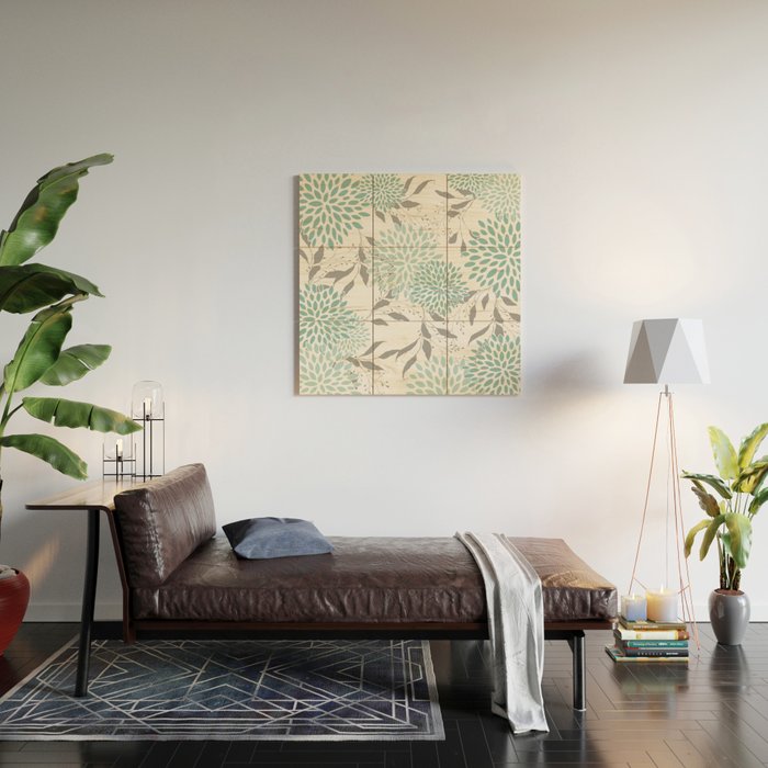 Festive, Floral Blooms and Leaves, Teal and Gray Wood Wall Art Gallery Image 2