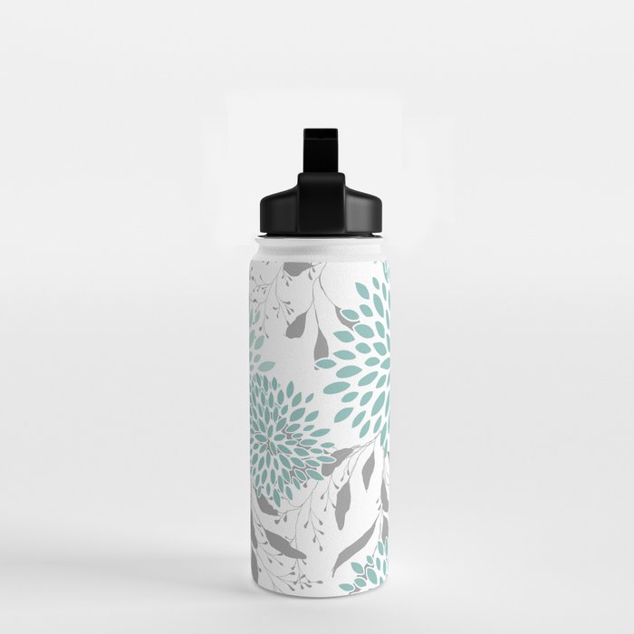 Festive, Floral Blooms and Leaves, Teal and Gray Water Bottle Gallery Image 2