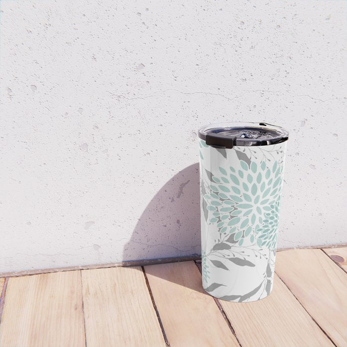 Festive, Floral Blooms and Leaves, Teal and Gray Travel Mug Gallery Image 4