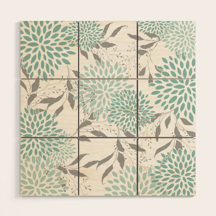 Festive, Floral Blooms and Leaves, Teal and Gray Wood Wall Art Gallery Image 1