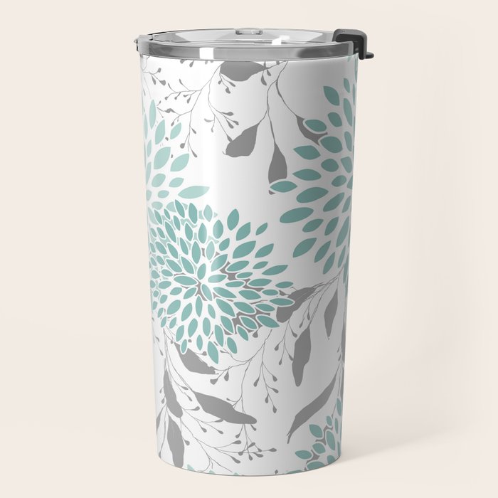 Festive, Floral Blooms and Leaves, Teal and Gray Travel Mug Gallery Image 2