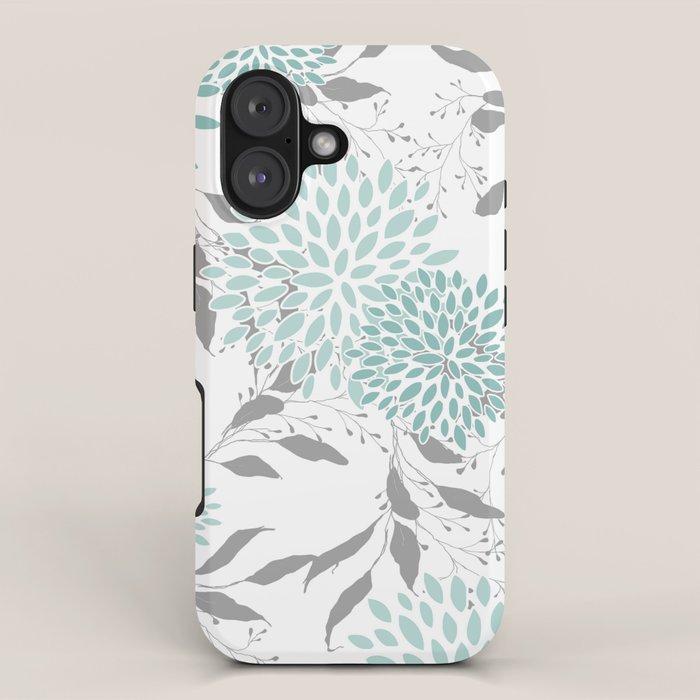 Festive, Floral Blooms and Leaves, Teal and Gray iPhone Case Gallery Image 1