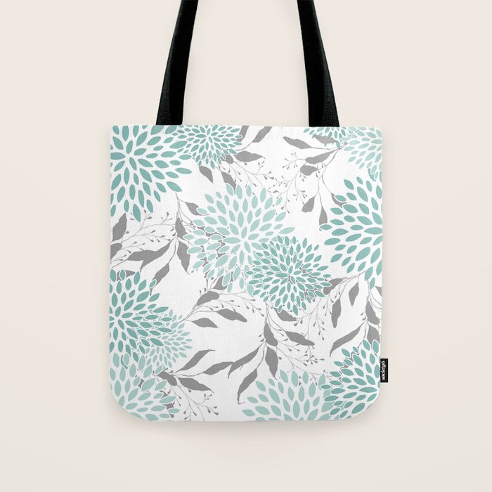 Festive, Floral Blooms and Leaves, Teal and Gray Tote Bag Gallery Image 1