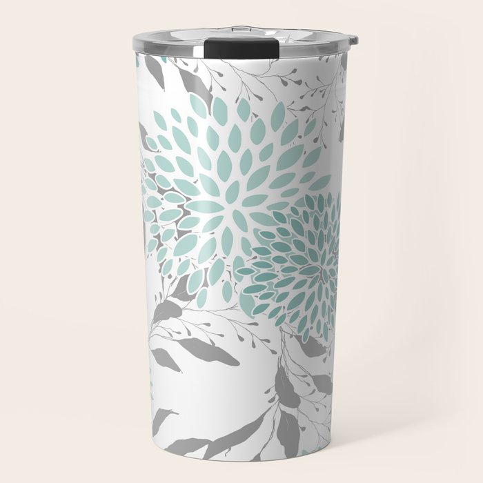 Festive, Floral Blooms and Leaves, Teal and Gray Travel Mug Gallery Image 1