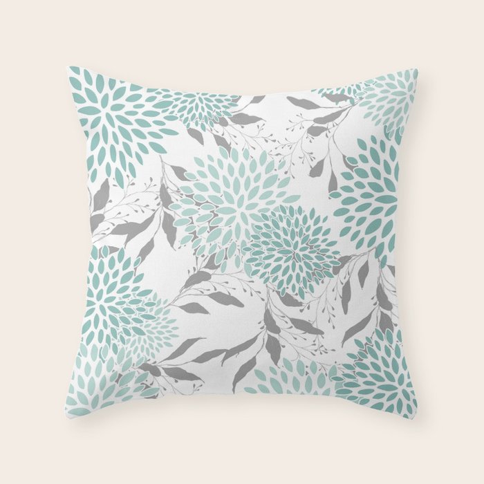 Festive, Floral Blooms and Leaves, Teal and Gray Throw Pillow Gallery Image 1