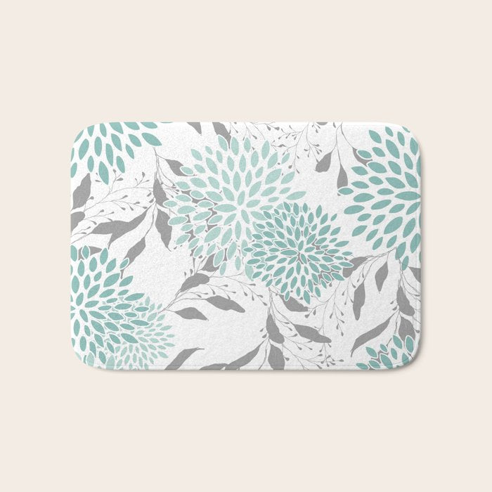 Festive, Floral Blooms and Leaves, Teal and Gray Bath Mat Gallery Image 1