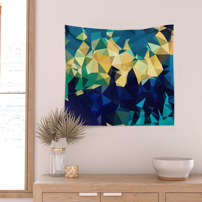 Blue Gold New Poly Wave Geometric Triangles  Wall Tapestry Gallery Image 2