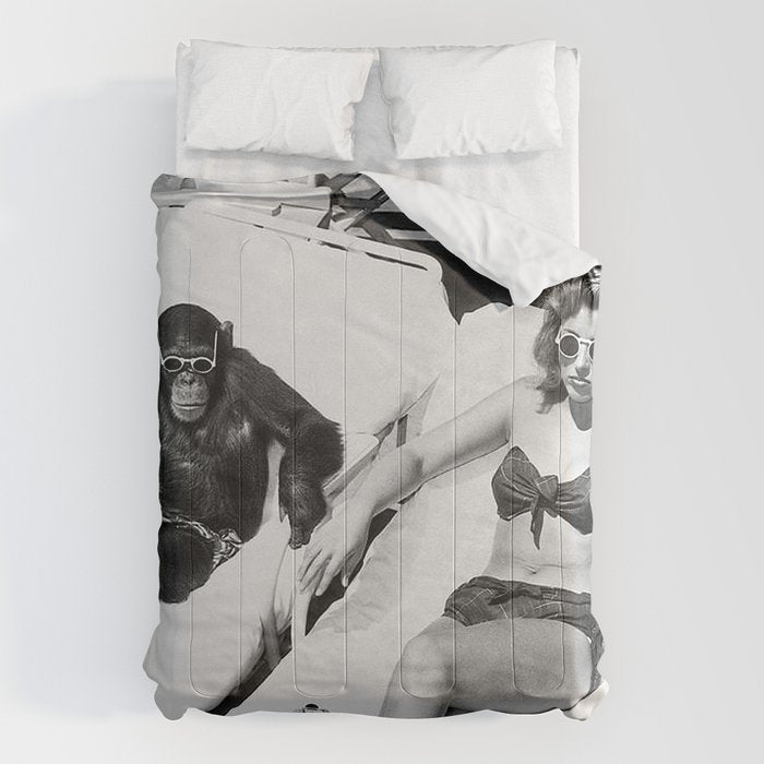 Lady and Chimp Sunbathing, Black and White, Vintage Art Comforter Gallery Image 6